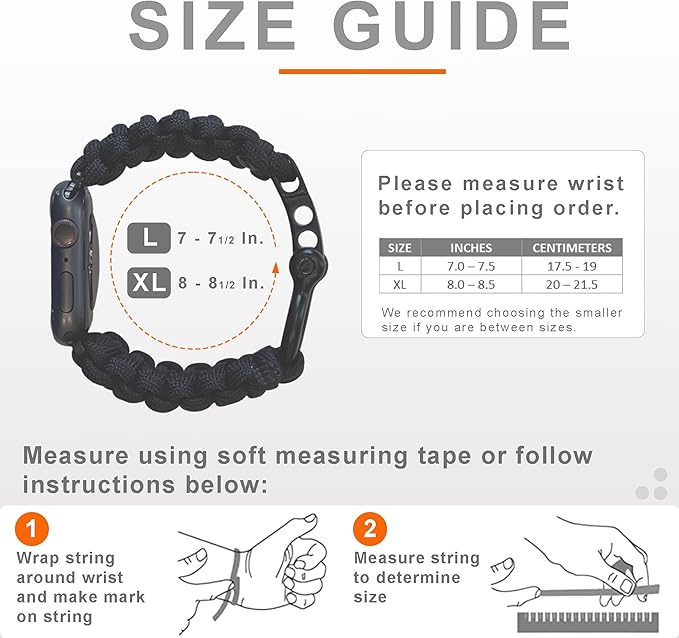 Savior Survival Gear Paracord Watch Band,Compatible with Apple Watch Band 49mm 46mm 45mm 44mm 42mm,iWatch Band Series Ultra 10 9 8 7 6 5 4 3 2 1 SE, Adjustable strap for men ( Black-Gray-Orange,Large)