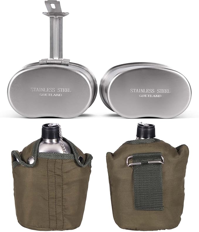 Goetland Stainless Steel WWII US Army Canteen Water Bottle Military Canteen Kit 1QT with 0.5QT Cup Nylon Pouch G.I.