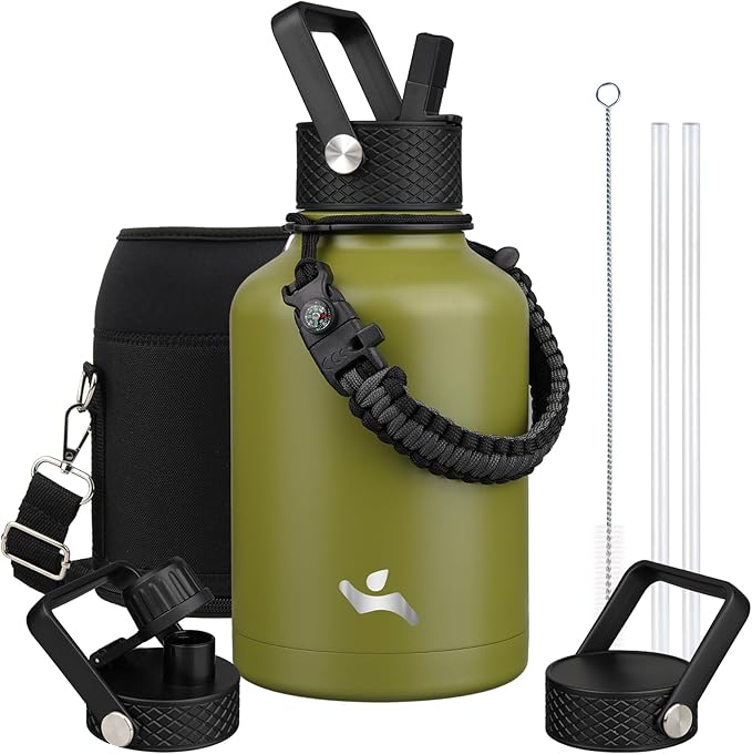 Konokyo Insulated Water Bottle with Straw,50 oz 3 Lids Water Jug with Carrying Bag,Paracord Handle,Double Wall Vacuum Stainless Steel Metal Flask,Forest Green