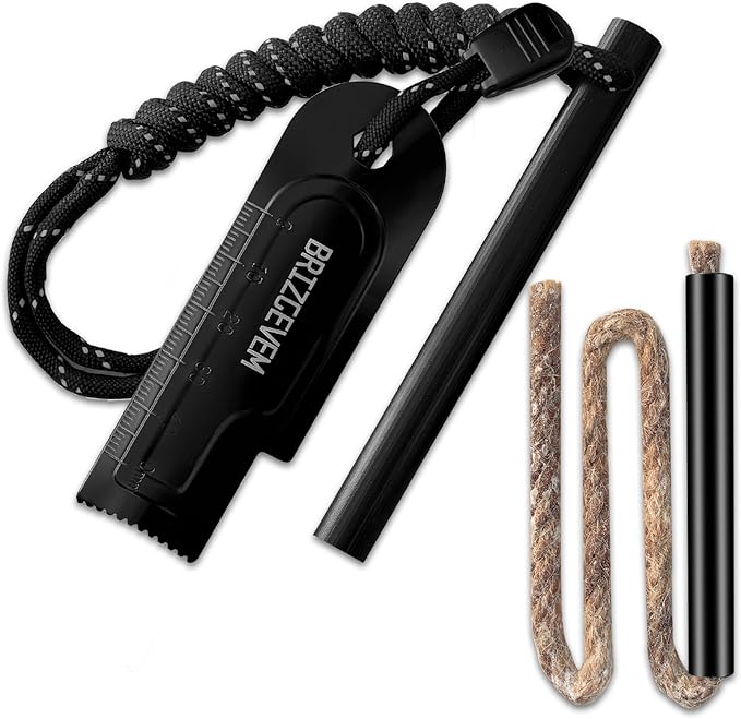 Waterproof Ferro Rod Fire Starter 6x1/2 in & 4x3/8 in, 15,000+ Strikes Flint Fire Steel with Paracord Multi-Tool Striker & Extra Waxed Tinder Cord for Camping, Hiking, Survival & Emergency