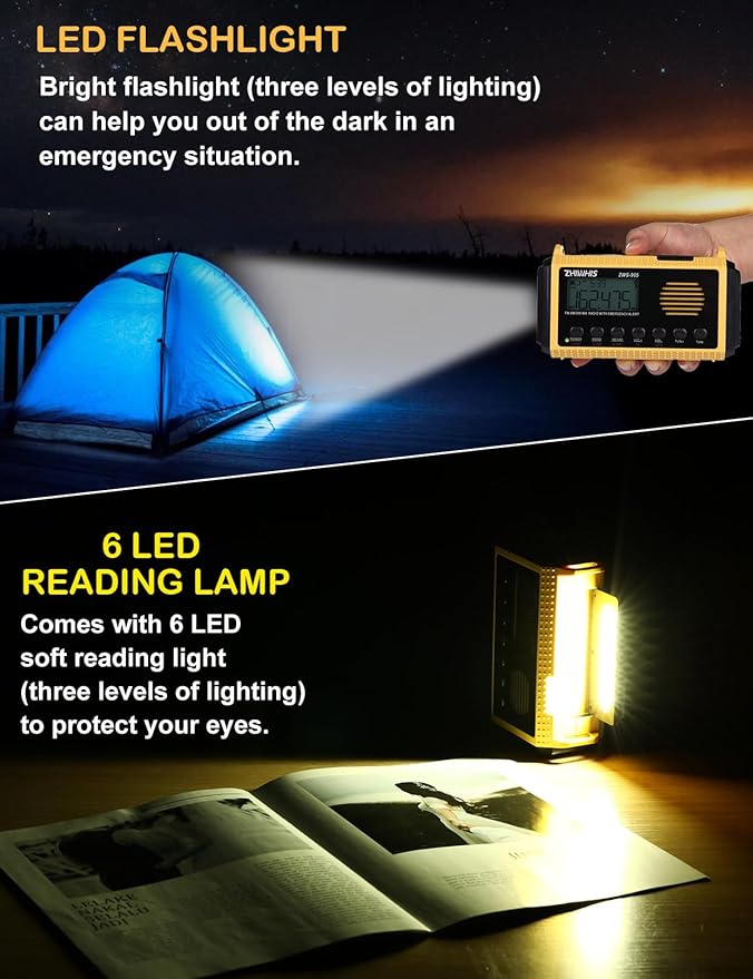 ZHIWHIS Emergency Radio with Auto NOAA Alerts, 10000mAh AM FM SW Weather Radios, Hand Crank/Solar/SOS/Flashligh/Reading Lamp/Timer Portable Receiver with Preset, for Emergencies ZWS-905