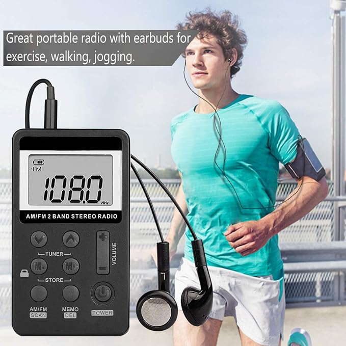Personal AM/FM Pocket Radio Portable VR-robot, Mini Digital Tuning Radio, with Rechargeable Battery, Earphone, Lock Screen for Walk/Jogging/Gym/Camping