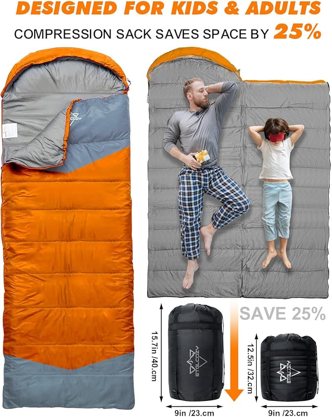 Lightweight 3-Season Sleeping Bag for Adults/Kids Camping, Compact w/Compression Sack, Waterproof Ripstop, Portable for Backpacking Hiking Travel
