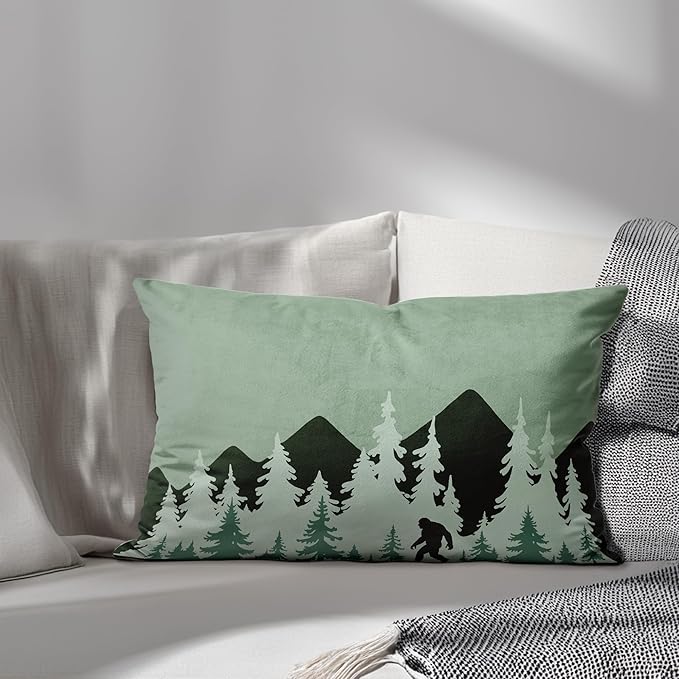 Bigfoot Sasquatch Forest Camping Throw Pillow Cover 20x12, Camping Themed Pillowcase for RV Campsite Sofa Decor, Fun Gift for Camp Lovers (Green)