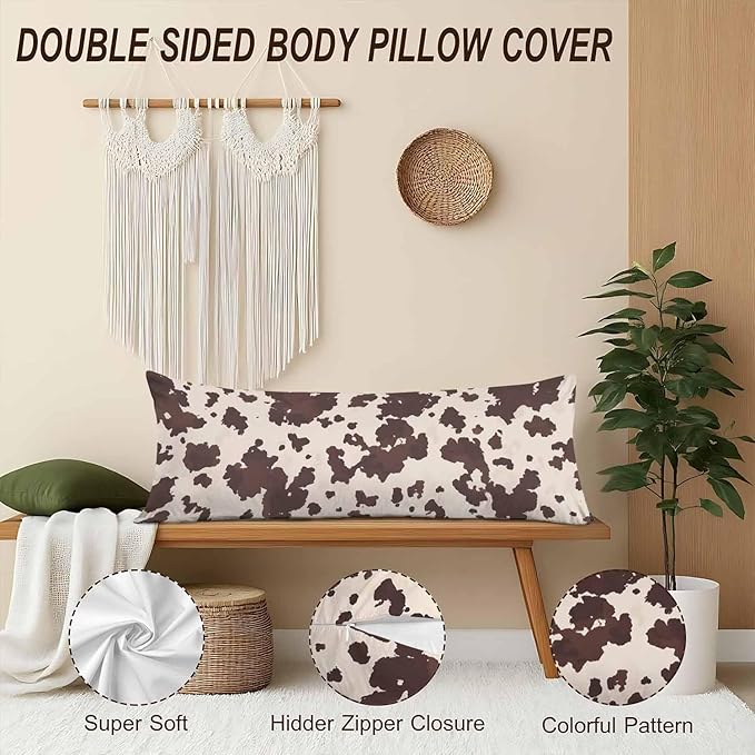 Body Pillowcases with Zipper Cowhide, Cow Or Horse Print Cozy Body Pillow Covers Cushion Cover 20 X 54 Inches Outdoor Body Pillow Pillowcase for Home Bedroom Couch Sofa, Brown