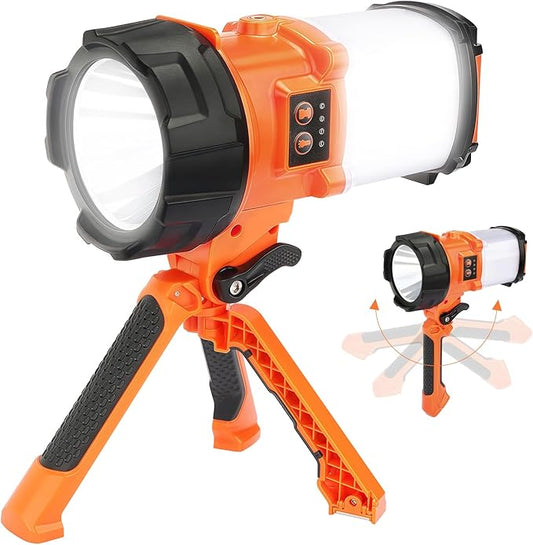 BOBKID Tripod Rechargeable Camping Lantern, 6 Modes LED Flashlight Handheld Spotlight with 4000LM, IPX4 Waterproof Searchlight Work Light for Emergency Hiking Survival Kit - Orange