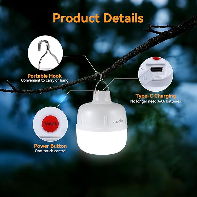 VAVOFO 20W LED Camping Lantern Rechargeable, 1200LM Camping Light , 3000mAh Portable Tent Light , IP65 Waterproof Flashlight Lanterns for Emergencies ,Power Outages,Hurricane (White)
