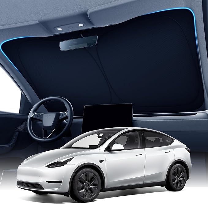 Zanch Custom Windshield Sun Shade for Tesla Model Y 2019-2026, 7-Layer UV & Heat Block, 3D Laser Scanned, Interior Protection, Keep Car Cooler, Foldable SUV Accessories