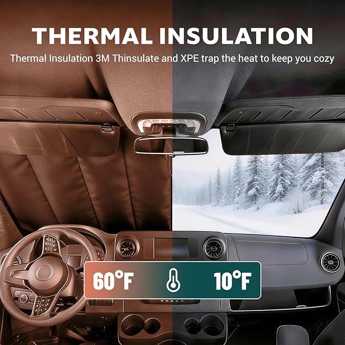 Extra-Thick Front Door Window Covers(Pair) for Mercedes-Benz Sprinter 2007-2018 NCV3, Magnetic Insulated Blackout Sunshade, XPE Foam & Thinsulate Cotton, with Bug Screen, AllSeasonGuard Pro