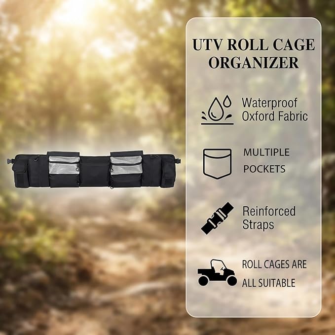 UTV Overhead Storage Bag for Kubota RTV400 2010–2016, Roll Bar Organizer with Multiple Zipper Pockets, Roof Cargo Bag for Side by Side Accessories