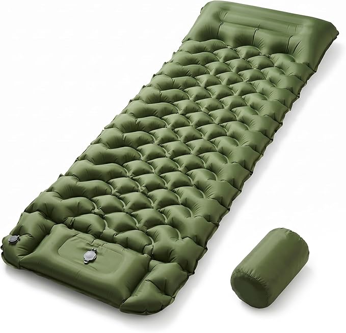 Sleeping Pad, 4” Thick Backpacking Sleeping Pad with Built-in Foot Pump & Pillow, Ultralight Self Inflating Air Mattress Camping Mat for Hiking, Tent,Travel Gear (Green)