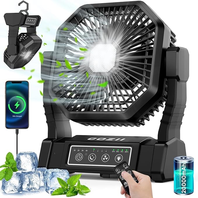 COZII Battery Operated Fan, 20000mAh Rechargeable Portable Fan with LED Lantern - 3 Colors, 4 Speeds, 4 Timing, Adjustable Head with Hook, Camping Fan for Table, BBQ, Beach, Hiking, Travel