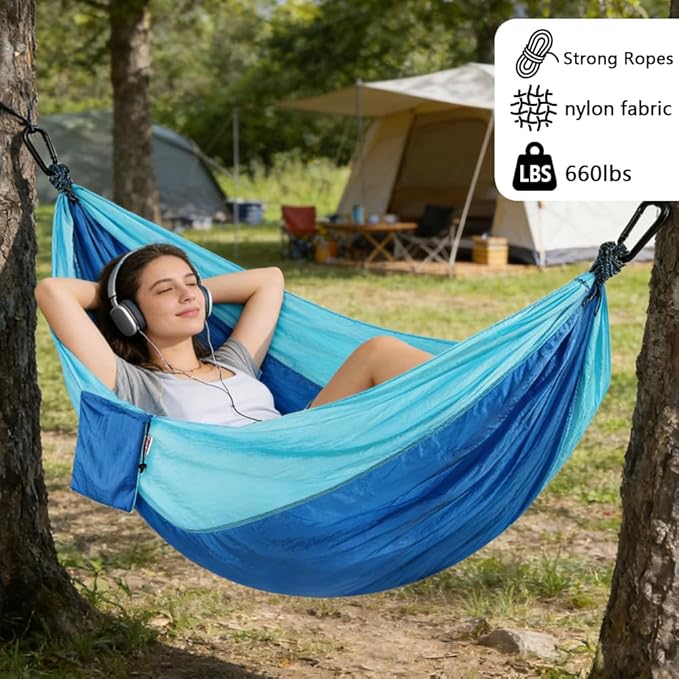 Camping Hammock, Portable Hammocks with Tree Straps & Attached Carry Bag, Travel Tree Hammocks for Outside Indoor Hiking Beach Backpack Travel(Blue, Nylon)