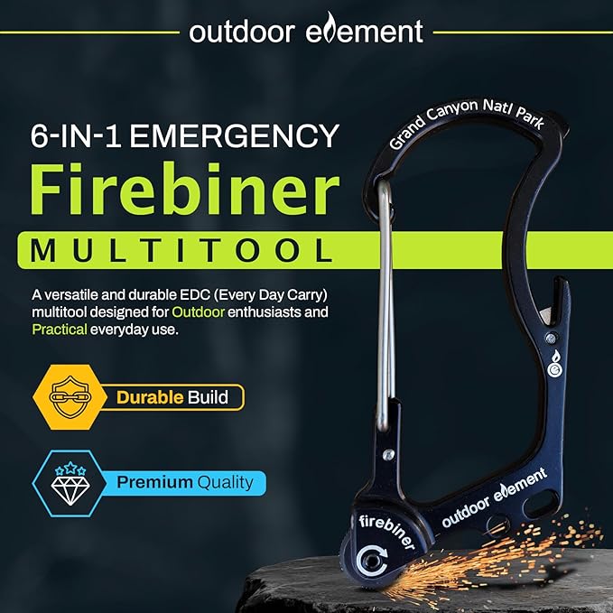 OUTDOOR ELEMENT Firebiner Custom Engraved 6-in-1 Fire Starter Carabiner Multitool – Survival Gear EDC Keychain with Utility Blade, Bottle Opener, Screwdriver, Emergency Tool