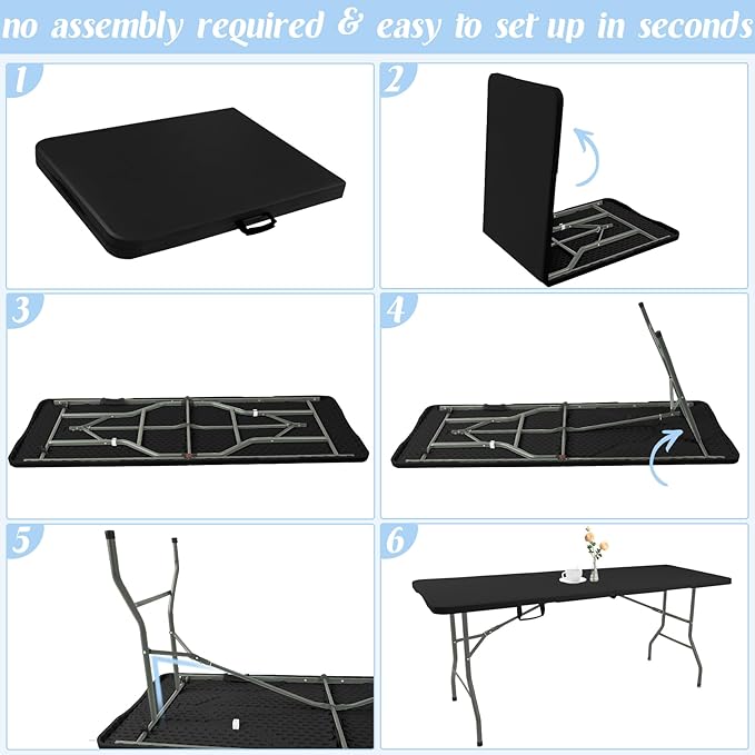 Fivenl 5 Feet Portable Folding Table Black, Steel Legs Fold-in-Half with Carrying Handle Rectangular Plastic Foldable Table for Party, Wedding, Camping, Picnic, Dining, Indoor Outdoor Events