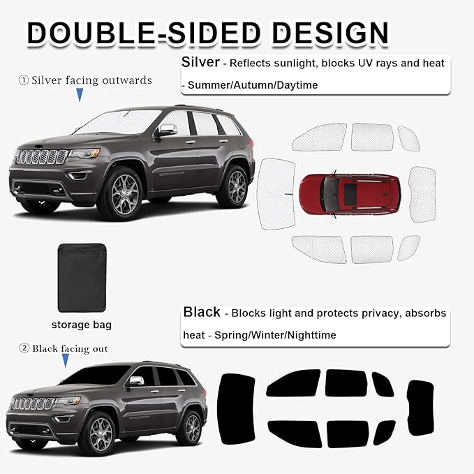 KMF 8pcs Full Thicken Sun Shades for Jeep Grand Cherokee 2011-2021 Accessories(NOT for Cherokee L&Cherokee), Privacy Car Window Covers for Windshield Side Rear, UV Block and Blackout Camping
