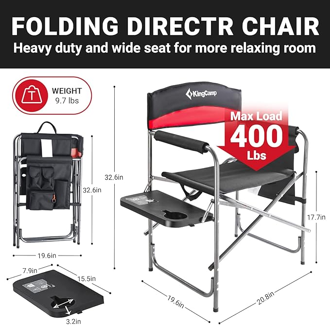KingCamp 2-Pack Camping Folding Director Chairs with Side Table & Storage, Red