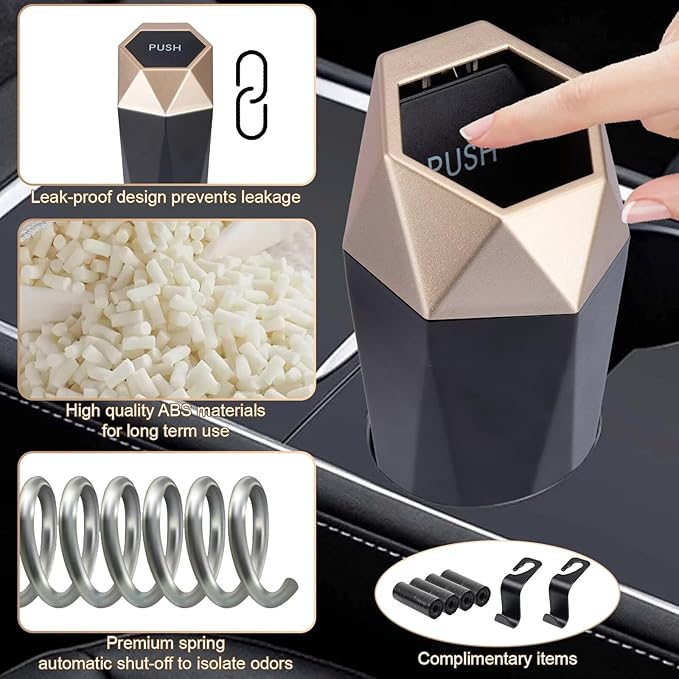 BFXM Car Trash Can, 2 Pack Car Trash Bin with Lid, Car Accessories for Women Interior, Car Garbage Can with Additional 2 ABS Hooks and 60pcs Trash Bags, Suitable for Home, Office, Car Organizer, Gold