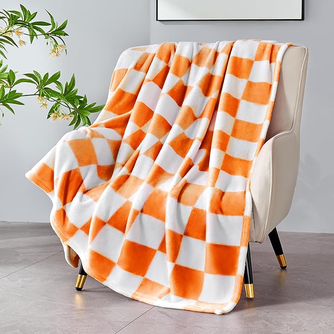 Edenleaf Orange Checkered Blanket, Soft Cozy Fleece Checkered Throw Blankets for Bed Sofa Couch Camping, Ultra Fluffy Throws for All Seasons, 50x60 Inch, Orange