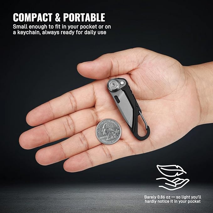TACRAY Vinto 5-in-1 Small Pocket Knife – Ultra-Light Compact Multitool with Utility Knife, Seatbelt Cutter, Bottle Opener, Flathead Screwdriver & Keyring Attachment for Everyday Carry (Black)