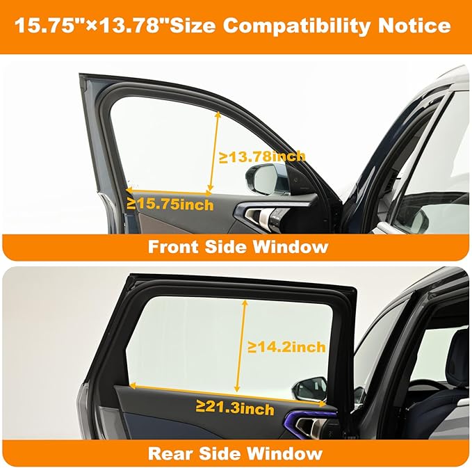 Car Window Shades – Static Cling Sun Shade for Front & Rear Side Windows – 2 Sizes (15.75" x 13.78" & 20.87" x 13.78") – Car Privacy Window Covers with Glare Blocker – No Tools Needed