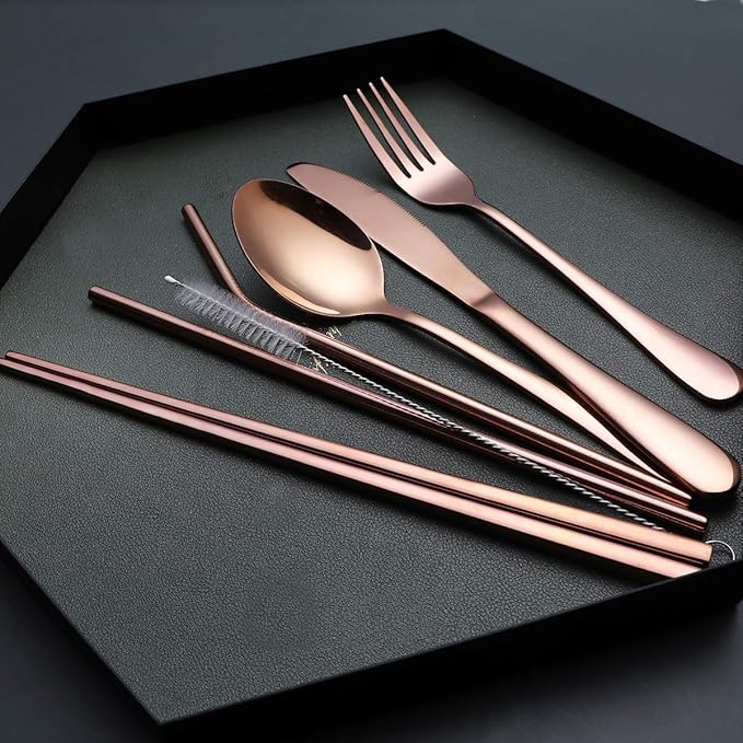Portable Stainless Steel Flatware Set, Travel Camping Cutlery Set, Portable Utensil Travel Silverware Dinnerware Set with a Waterproof Case (Rose God)