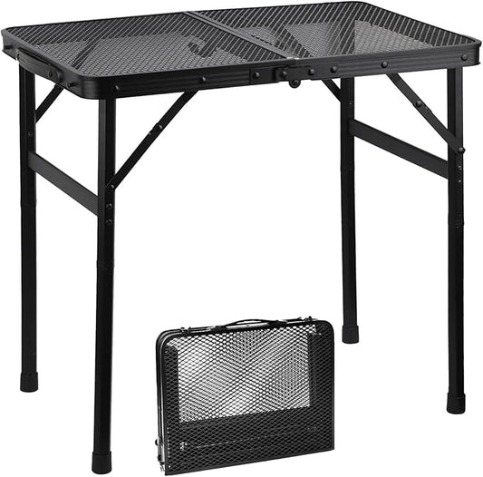 Gawerk Folding Portable Camping Grill Table, Lightweight Adjustable Height Metal Aluminum Picnic Table with Heat-Resistant Mesh Top for Outdoor, Barbeque, Camping & Travel, 24" x 16", Black