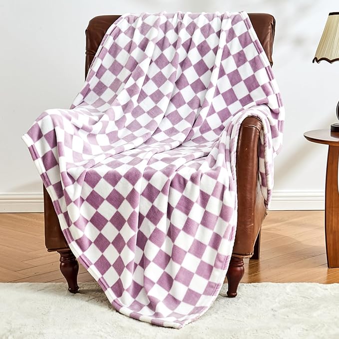 Edenleaf Checkered Blanket Flannel Throw Blankets Soft Cozy Checkered Grid Print Chessboard Gingham Pattern Throws for Bed Sofa Couch for All Seasons, 50x60 Inch, Purple