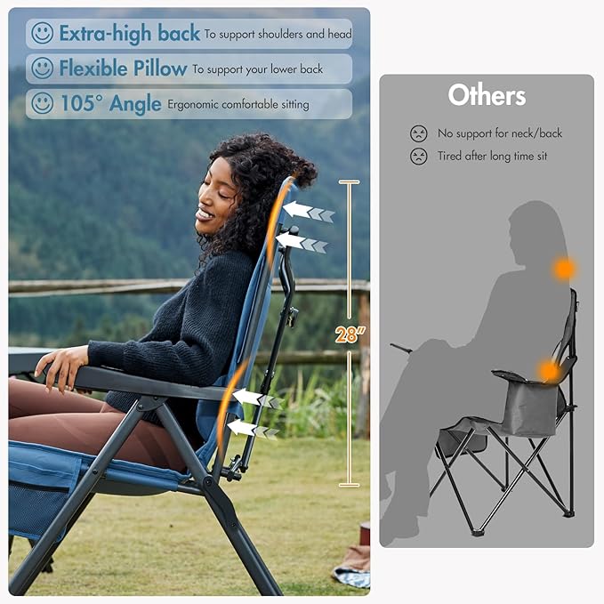Portal Reclining Camping Chair with Adjustable Back Folding Camp Recliner for Adults Portable High Back Oversized, 350LBS (Blue)