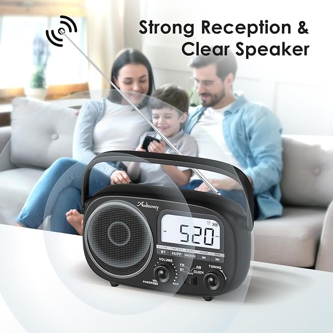 Portable Radio AM FM with Bluetooth,Built-in Rechargeable Battery/Plug in Wall/4*D Cell Battery Operated, Digital Time Display, Transistor Radio for Home,Outdoor,Gift,Seniors Space Black