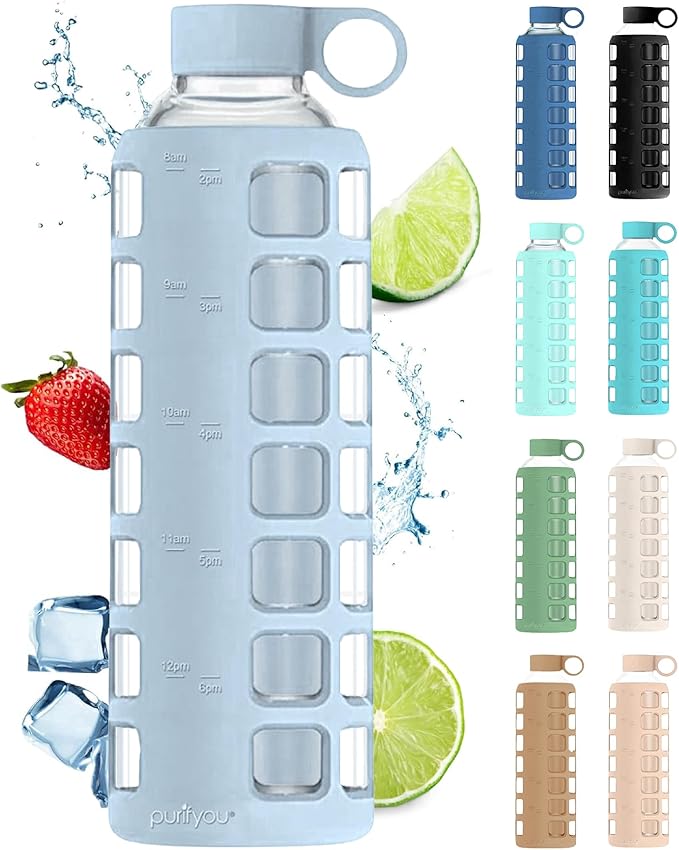 purifyou 40oz / 32oz / 22oz / 12oz Borosilicate Glass Water Bottle with Time & Volume Markers, Silicone Sleeve, Stainless Steel Lid | Reusable Glass Bottle for Water & Juice (32oz Ice Blue)