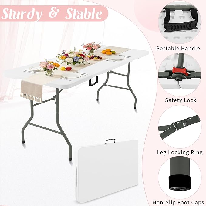 Fivenl 2 Pack 6 Feet Portable Folding Table White, Steel Legs Fold-in-Half with Carrying Handle Rectangular Plastic Foldable Table for Party, Wedding, Camping, Picnic, Dining, Indoor Outdoor Events