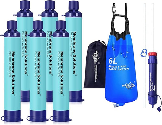 Membrane Solutions Upgrade 5 Stage Blue Water Filter Straw 6 Pack and Gravity Water Filter Pro 6L, 0.1-Micron Versatile Water Purifier Survival Gear and Equipment for Group Camping Emergency