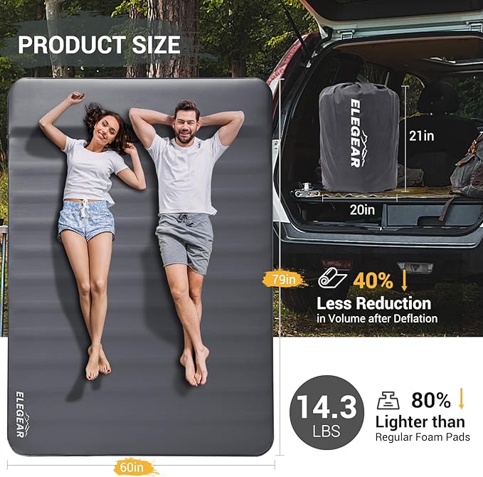 Elegear CumbreX™ Air & Foam Self Inflating Sleeping Pad, Built-in Electric Pump 4" Ultra-Thick Memory Foam Camping Mattress with Pillow Double Camping Pad 4-Season R-Value 9.5 Camp Mat - Gueen Grey