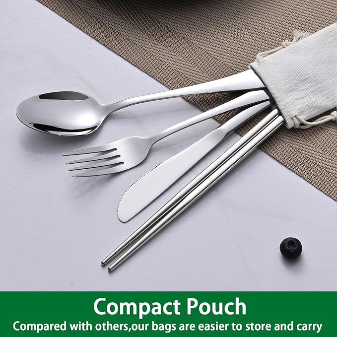 DEHOV Travel Utentils Set With Pouch,Reusable Portable Camping Silverware Set Knife Spoon Fork Chopsticks For Picnic,Travel Accessories Gadgets,Picnic Essentials