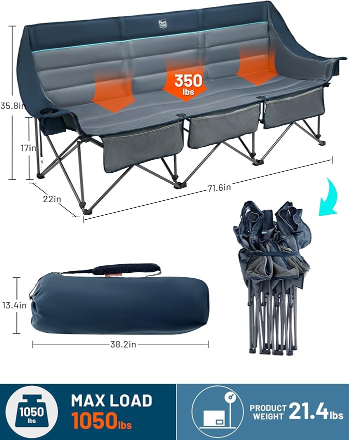 Timber Ridge 3 Person Camping Chair with Cup Holders and Pockets, Outdoor Folding Loveseat Camping Chairs, 1050lbs Capacity Heavy Duty Camp Couch for Outside Picnic, Beach, Lawn, Sports, Blue