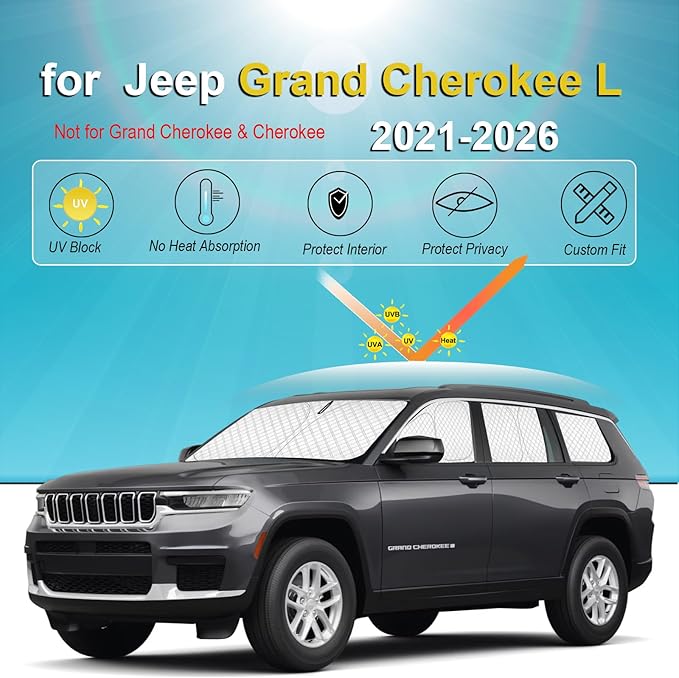 KMF 8pcs Thicken Sun Shades for Jeep Grand Cherokee L(Three-Row) 2021-2026 Accessories (NOT for Grand Cherokee&Cherokee),Full Car Window Covers for Windshield Side Rear, UV Block and Blackout Camping