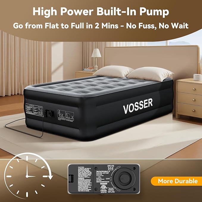 VOSSER Air Mattress Twin with Built in Pump,18” Raised Blow Up Mattress,Inflatable Mattress in 2 Mins,Single Twin Size Air Mattress for Home,Floor&Camping, Air Bed for Adults,330LB Max,Black