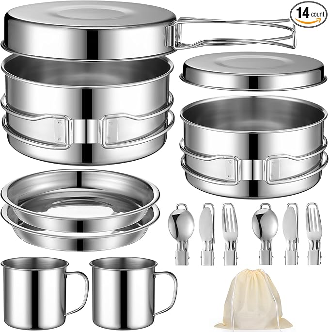 Funnymoom 14 Piece Camp Cooking Set, Stainless Steel Camping Cookware with Pot and Pan Kit 2 Set Stainless Steel Cups Plates Forks Knives Spoons for Camping, Backpacking, Outdoor Cooking and Picnic