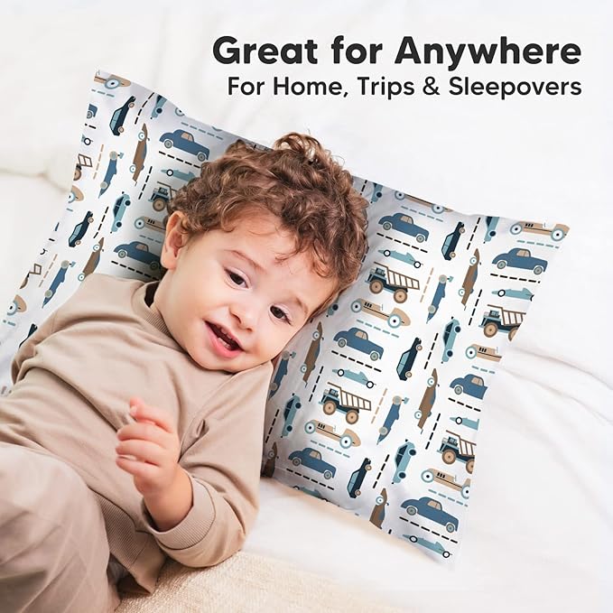 KeaBabies Toddler Pillowcase 13"x18" - Organic Cotton Toddler Pillowcase for Kids, Boys, Girls, Soft & Durable Cotton Cover for Miniature Sleepy Pillows, Cute Colors, Pillow Sold Separately (Vroom)