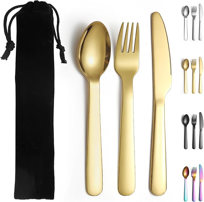 Evanda 3 Piece Portable Silverware Set, Include Knife Fork Spoon, Gold Titanium Plating Camping Cutlery Set With Black Bag, For Home Kitchen Camping Travel, Dishwasher Safe