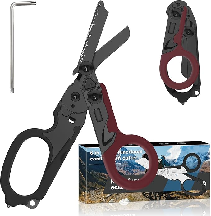 6-in-1 Heavy-Duty Emergency,trauma shears, Folding Retractable Emergency Shears, Outdoor Camping Tools, Seat Belt Cutter, Complimentary Adjustable Wrench (Electroplated black and red)