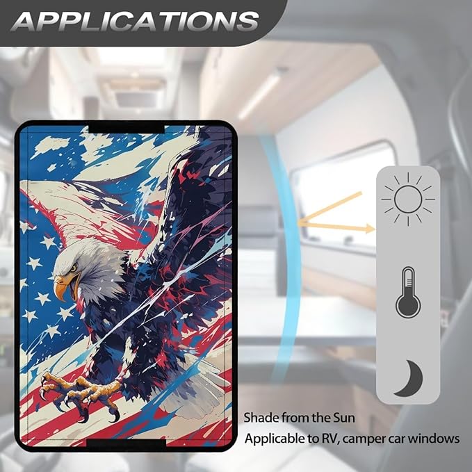 Eagle and American Flag RV Door Window Shade Cover, Foldable Sun Shade Windshield Blackout Shower Curtains Coverage Patriotic Rv Accessories
