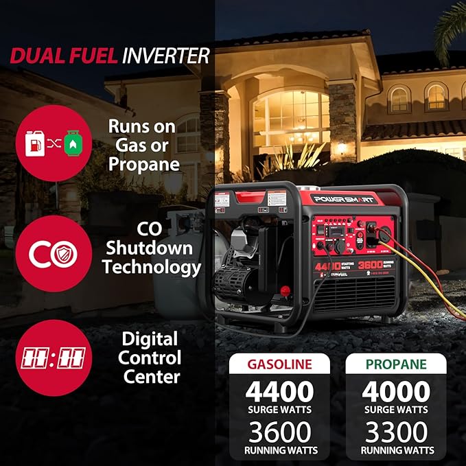 4400-Watt Dual Fuel Portable Inverter Generator, PowerSmart Gas Powered, CO-Sensor, Lightweight & Quiet for Home Use and Emergency Backup, Camping, EPA Compliant