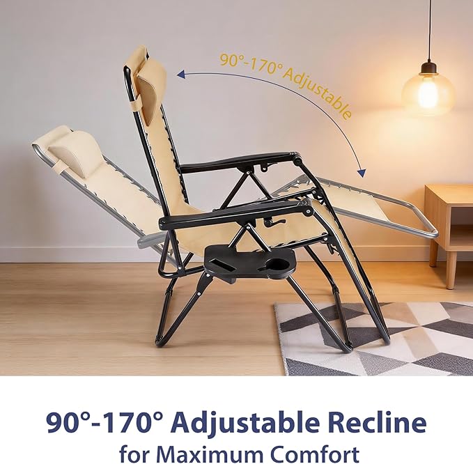 Sweetcrispy Zero Gravity Chairs, Set of 2 Portable Recliner Beach Camping Patio Outdoor Folding Lounge Chair with Cup Holder Trays and Adjustable Pillow for Poolside, Garden, Backyard, Lawn (Khaki)