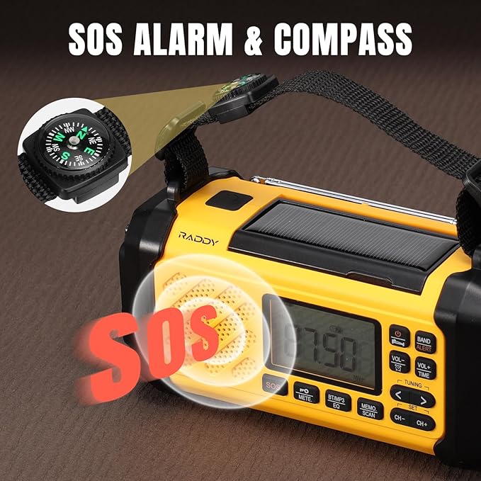 Raddy SH-906 Emergency Radio, 10000mAh NOAA Weather Alert Hand Crank Solar AM/FM/SW/VHF Radio with Flashlight, Reading Lamp, SOS, Compass, Cell Phone Charger for Survival Outdoor