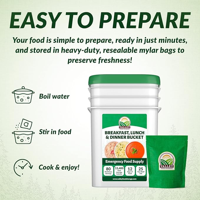 Valley Food Storage 80 Serving Emergency Food Supply Bucket | Breakfast, Lunch & Dinner Survival Meals | 25 Year Shelf Life Prepper Food for Disaster Preparedness, Camping & Off-Grid Living