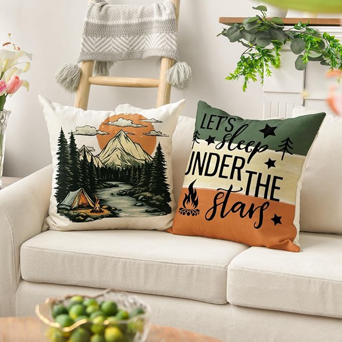 AVOIN colorlife Life is Better Around The Campfire Throw Pillow Covers 18x18 Inch Set of 4, Camping Let's Sleep Under The Stars Saying Cusion Case Decoration for Sofa Couch