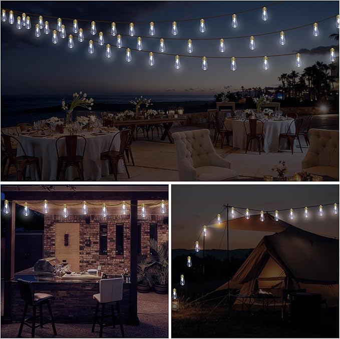 (New) Outdoor String Lights, 24FT Hemp Rope LED Patio Lights, Waterproof 8 Modes Plug-in Edison Bulb Lights for Backyard, Garden, Porch, Wedding, Christmas Decor
