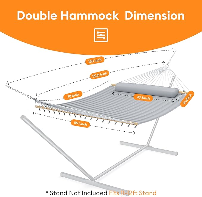 Everyfun Double Hammock with Spreader Bar,Soft Pillow,Max Load 500lbs,Portable Hammock for Outdoor,Camping,and Backyard,Dark Gray